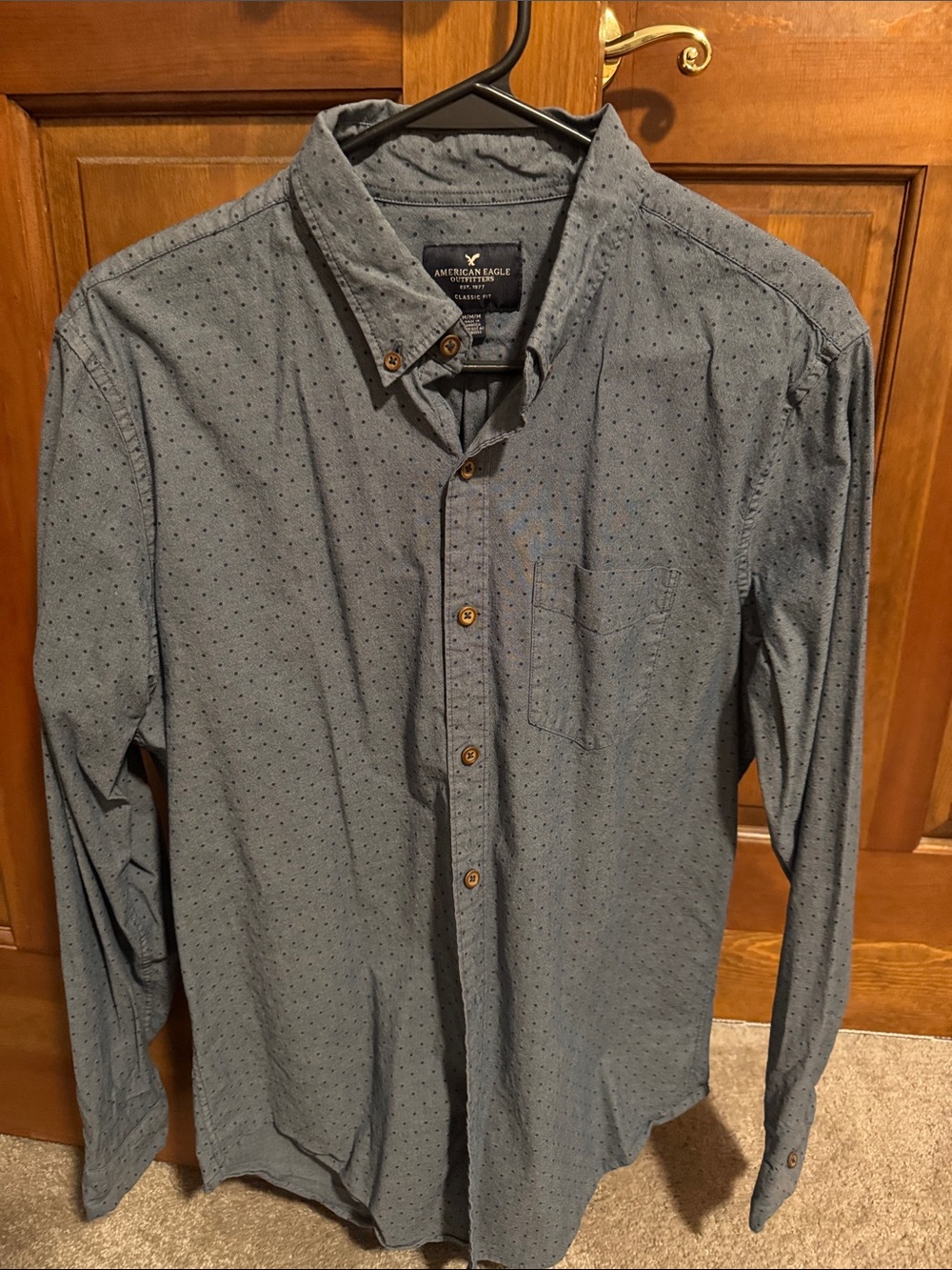 American Eagle Outfitters Men's Blue Dot-Print Button-Up Shirt